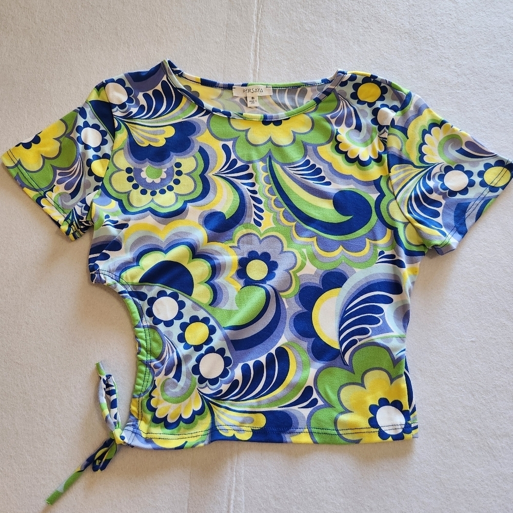 Persaya Bright Floral Short Sleeve Crop Top Blue, Green & Yellow With Cut Side